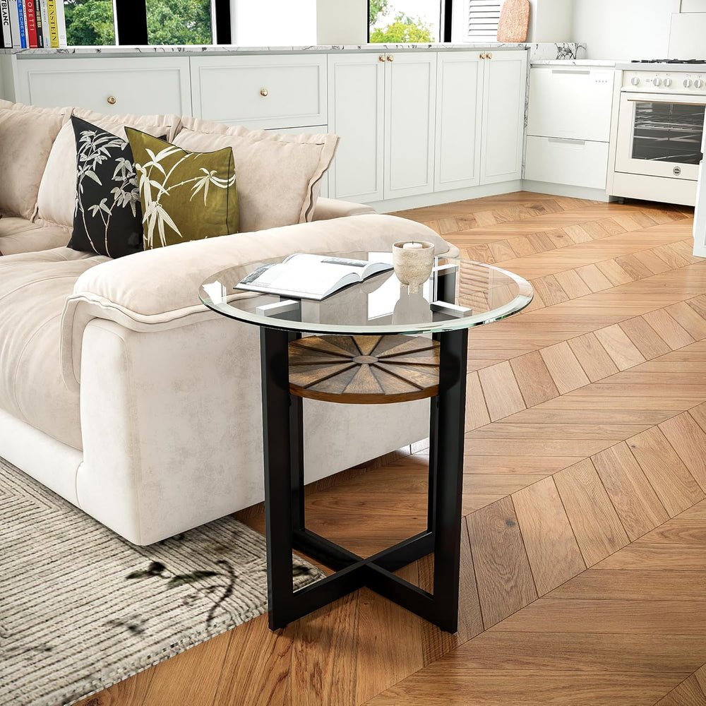 2-Tier Round End Side Table with 8mm Tempered Glass Top, Sofa Bedside Table w...
