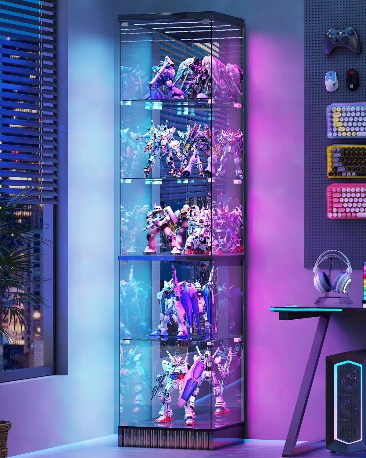 3-Piece Glass Display Cabinet Set with Glass Doors and RGB Lights,White | 2 Tall 67''H Corner Curio Cabinets with Locks and 1 Large 59''W TV Stand Display Case with Motion Sensor,Charging Hub
