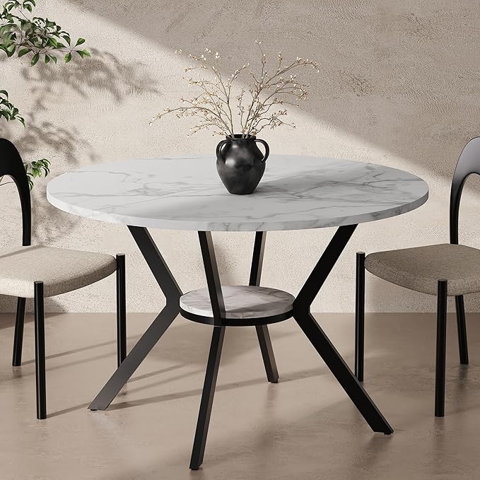 42" Round Dining Table for 2-4, Modern Kitchen Table with Faux Marble Tabletop & Metal Legs, Space Saving Circle Table with Storage, Wood Kitchen & Dining Room Tables for Kitchen Dining Room