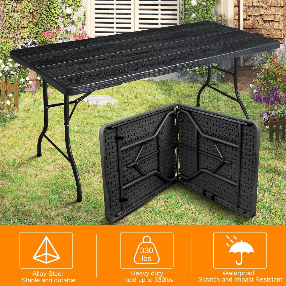 6ft Folding Table, Portable Heavy Duty Plastic Fold-in-Half Utility Table for...