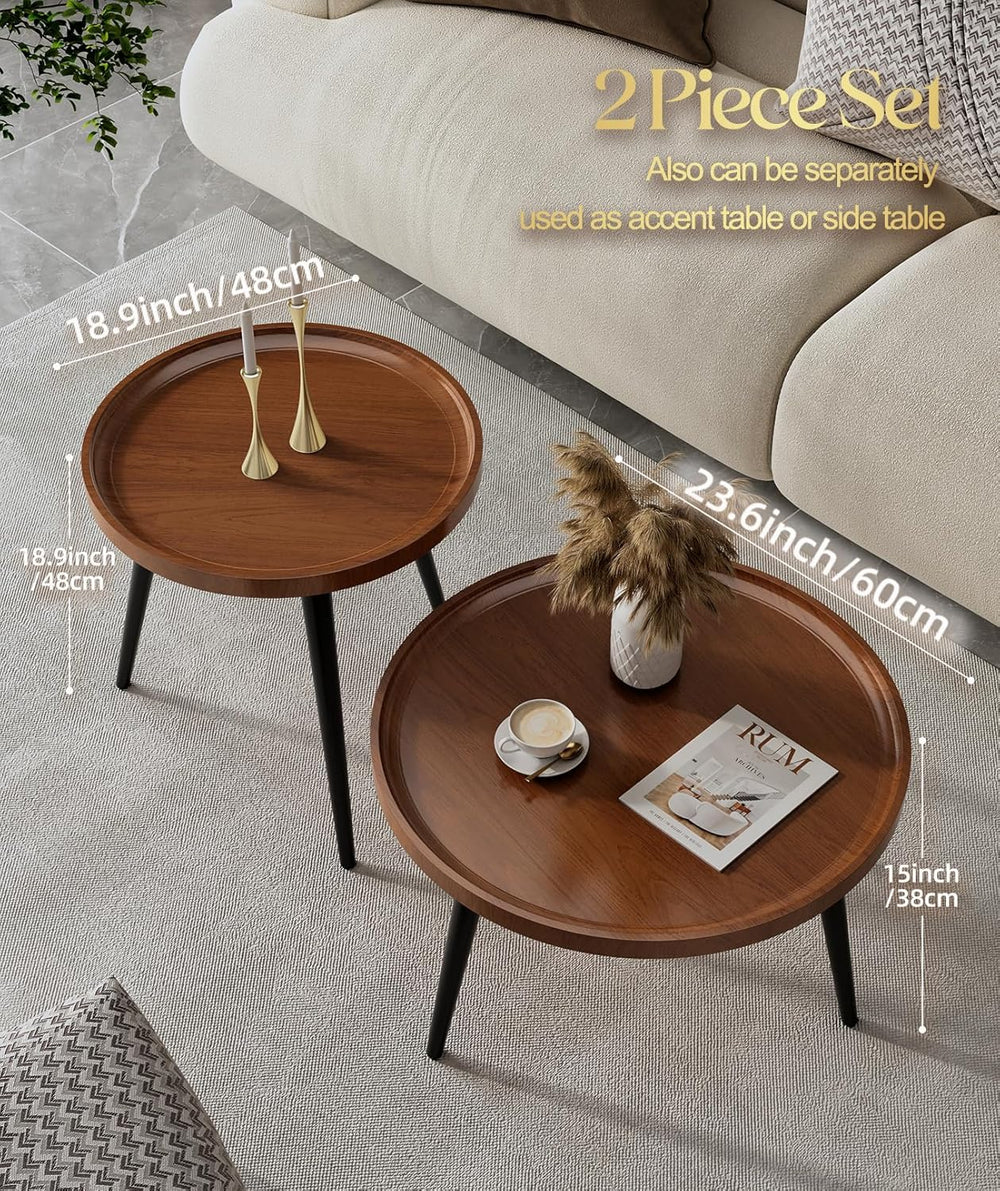 2-Piece Walnut Coffee Table,Durable Mid Century Small Round Coffee Tables for...