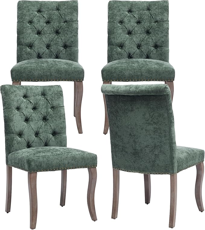 Upholstered Tufted Chenille Dining Side Chairs, Armless Nailhead Trim Chairs with Solid Wood Legs, Modern Farmhouse Chairs for Dining Room, Kitchen & Living Room (Set of 4, Olive Green)