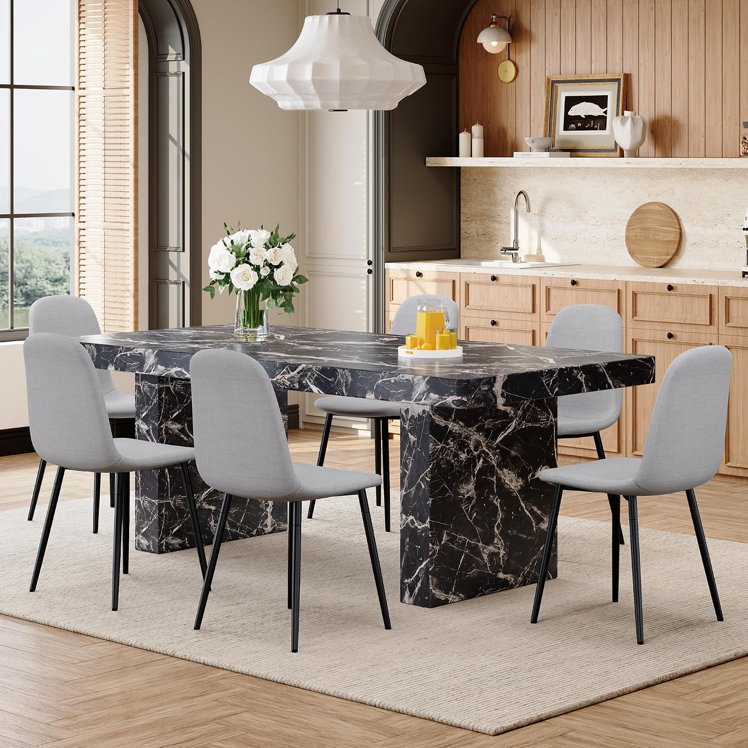 gopop Marble Dining Table Set 79" ｜Modern Dining Table Set with 6 Linen Chairs｜Engineered Wood with Marble Pattern Tabletop｜Widened and Stable Tablelegs｜Easy Assembly
