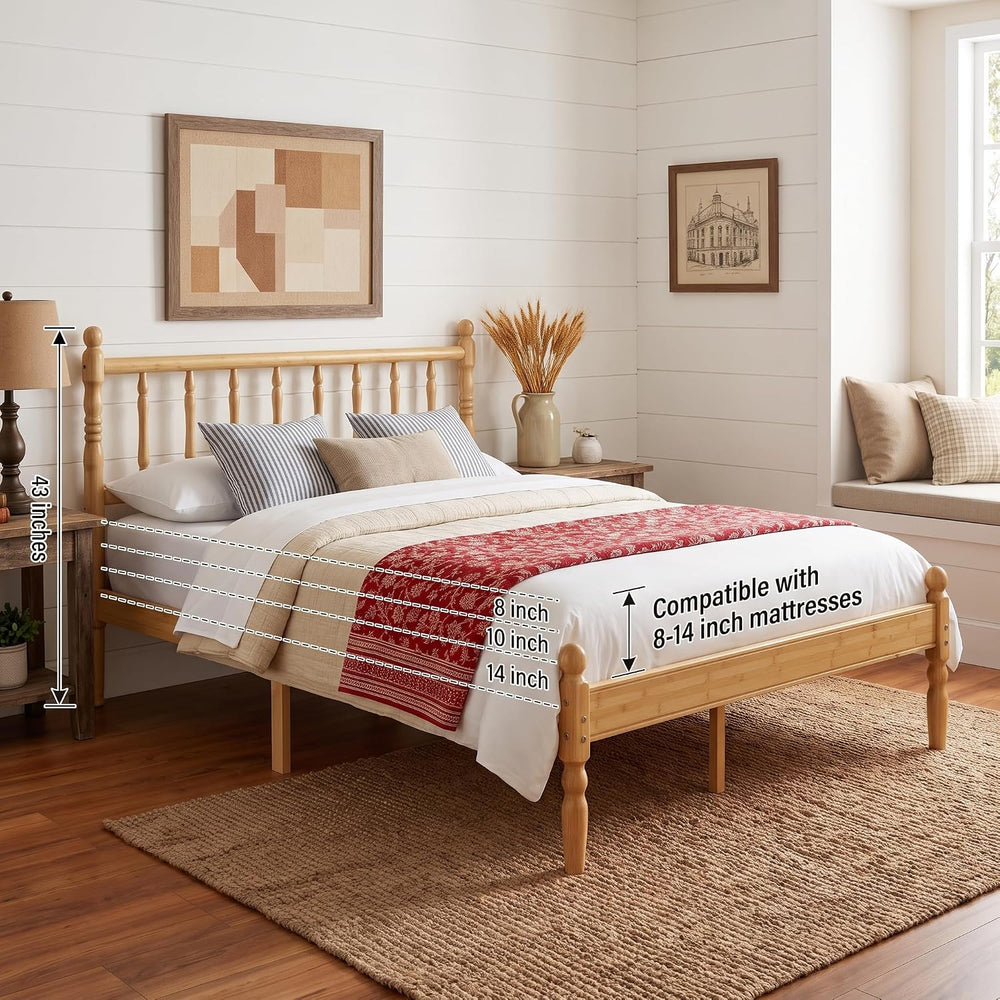14 Inch Bamboo Wood Spindle Platform King Bed Frame with Headboard