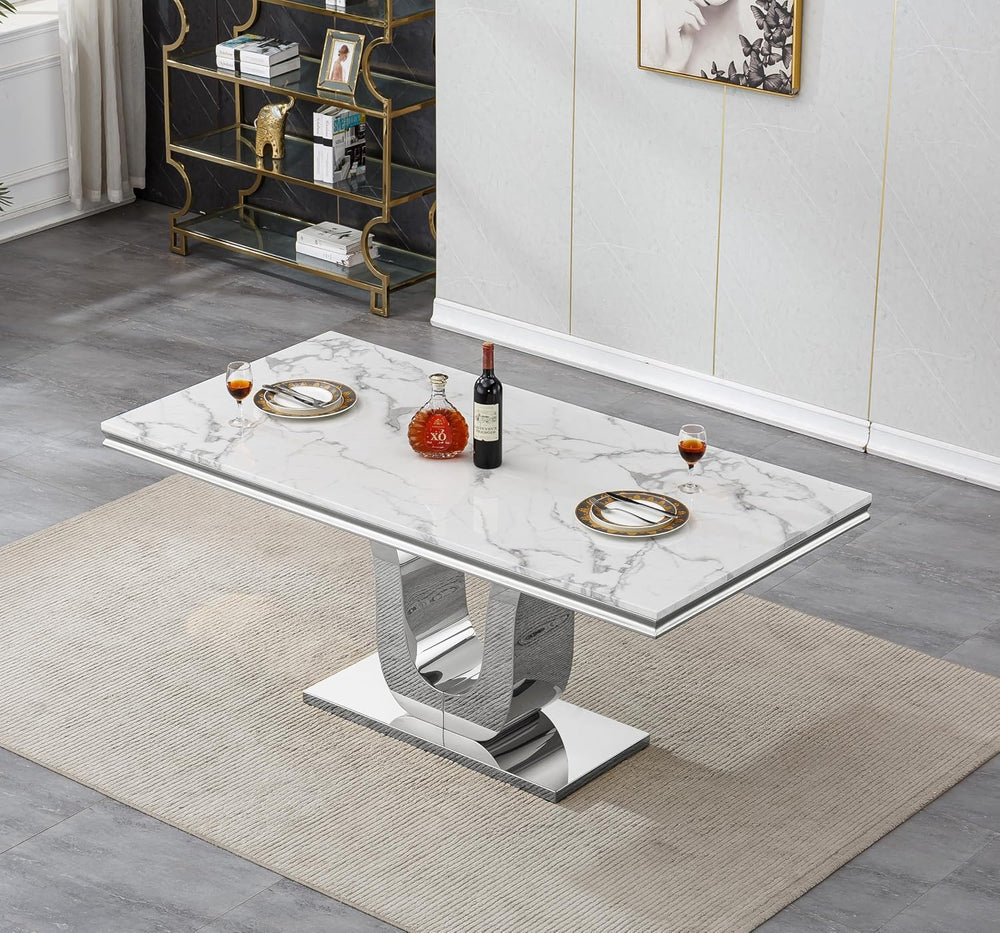 Faux Marble Dining Table for 4 to 6, 68 inch Luxury Dining Room Table with Wh...