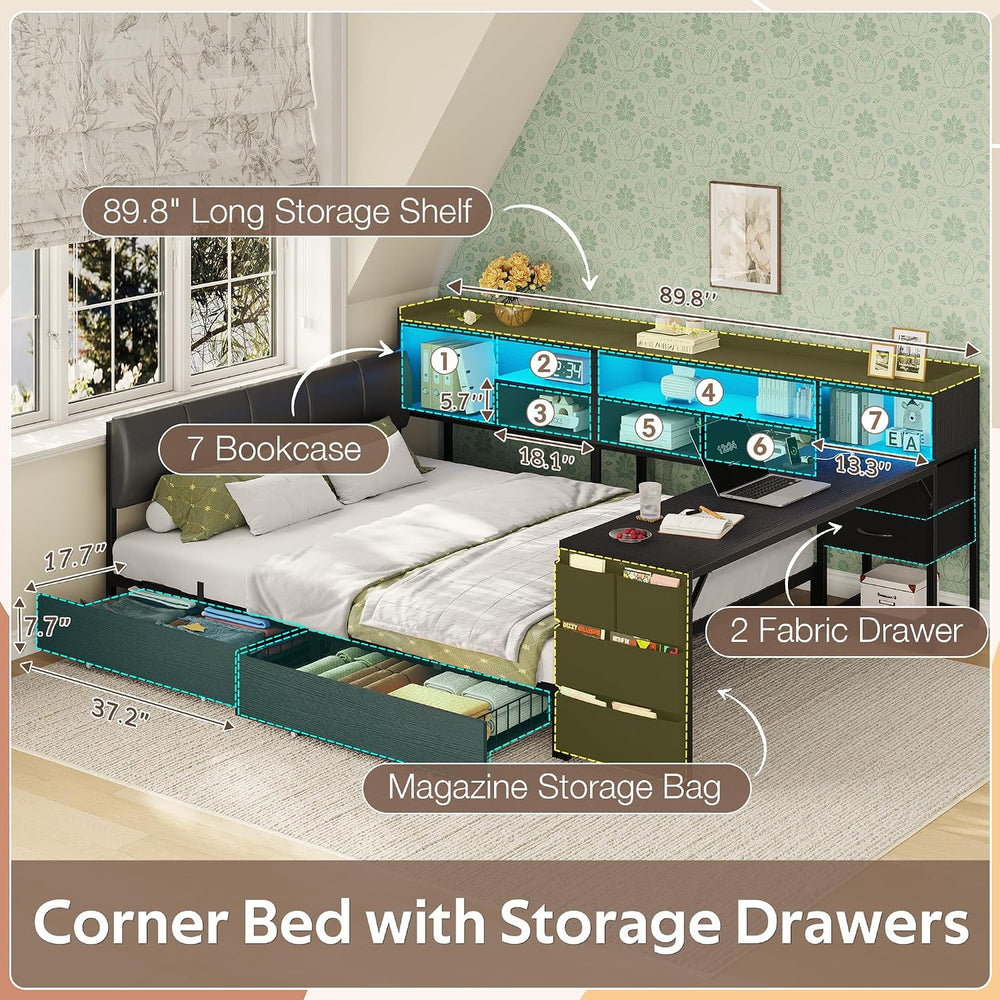 Dnxao Corner Bed Frame Full with Storage and Desk & 7 Bookcases, Black