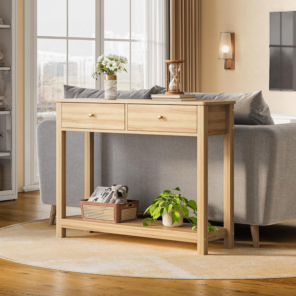 Gizoon 2 Drawer Console Table, Oak Color | 2-Tier Wood Entryway Table with Storage Shelves, 39" W Wood Accent Sofa Table for Front Hall, Hallway, Living Room