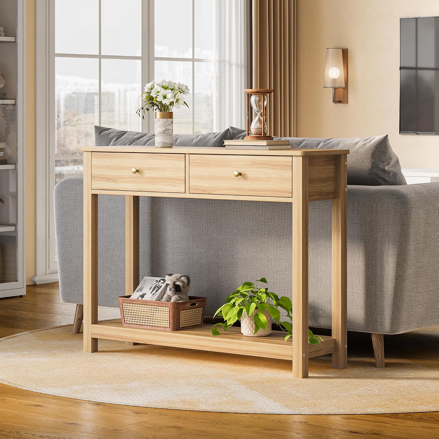Gizoon 2 Drawer Console Table, Oak Color | 2-Tier Wood Entryway Table with Storage Shelves, 39" W Wood Accent Sofa Table for Front Hall, Hallway, Living Room