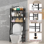 3 Tier Over The Toilet Storage Rack with Toilet Paper Holder, Metal Freestanding Bathroom Shelves with 4 Hooks, Over Toilet Storage Shelf for Bathroom Storage, Black