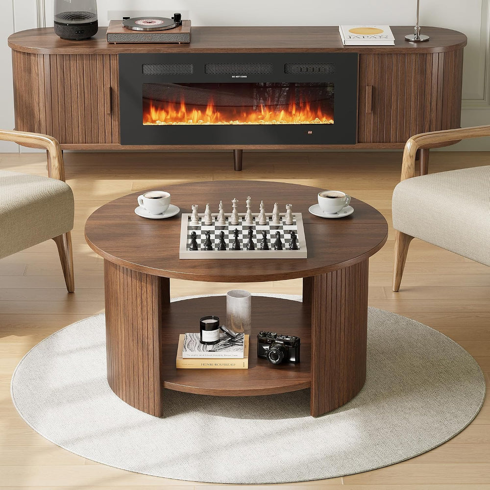 Round Coffee Table with Storage, 31.5" Modern Fluted Center Table, 2-Tie...