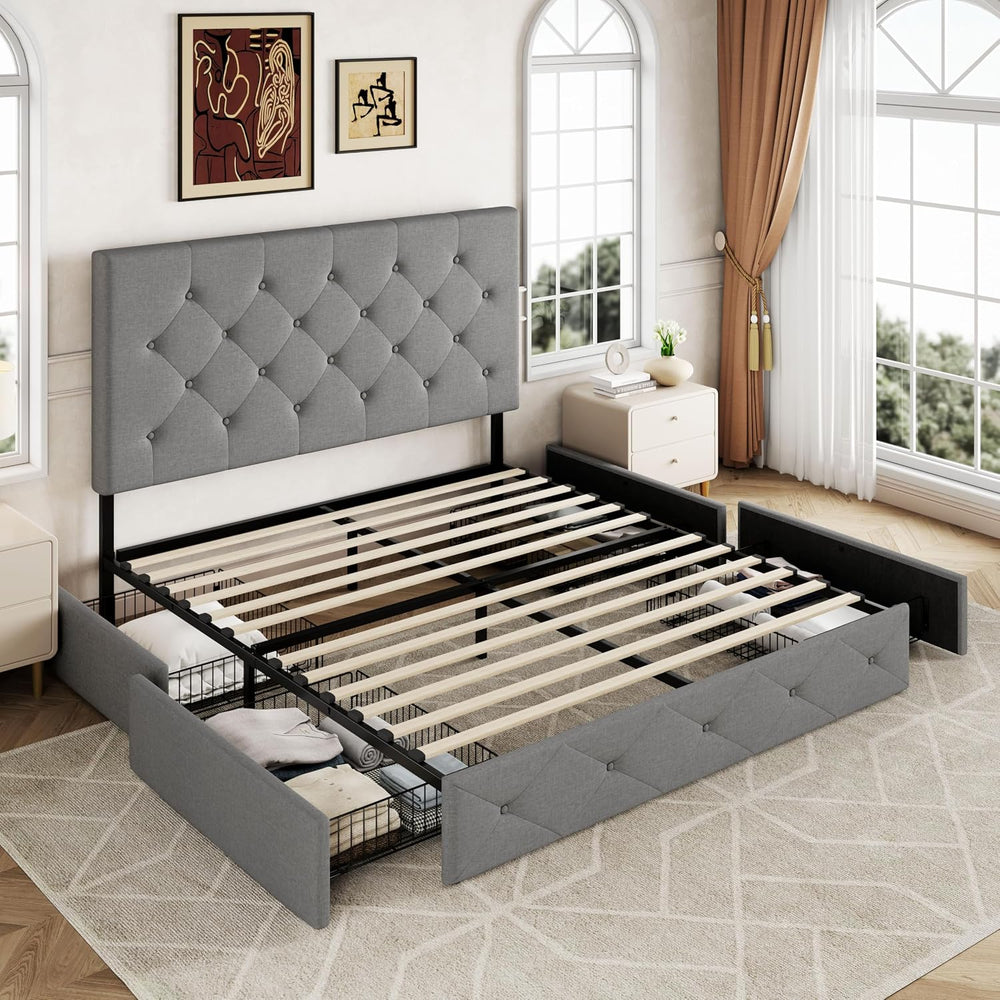 Allewie Full Size Storage Bed Frame with 4 Underbed Drawers, Light Grey