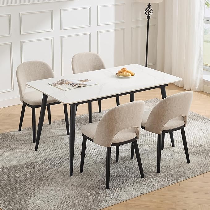 Wooden Dining Chairs Set of 6,Modern Fabric Upholstered Dining Room Chair, Large Dining Room Kitchen Chairs with High Back and Deep Seat, Farmhouse Dinner Chair for Kitchen,Restaurant,Cafe,Beige