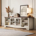 LINSY HOME TV Stand for 75 Inch TV, Modern Farmhouse Entertainment Center with Storage Cabinets and Glass Doors, Tall Media Console Table for Living Room, Bedroom, Large Long Television Stand, Beige