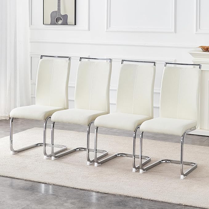 AZmac Modern Dining Chairs Set of 4,Armless Kitchen Chairs,Dining Room Chairs with Upholstered Padded Seat and Sturdy Silver Chrome Legs for Dining Room,Kitchen (White Fabric, Set of 4)