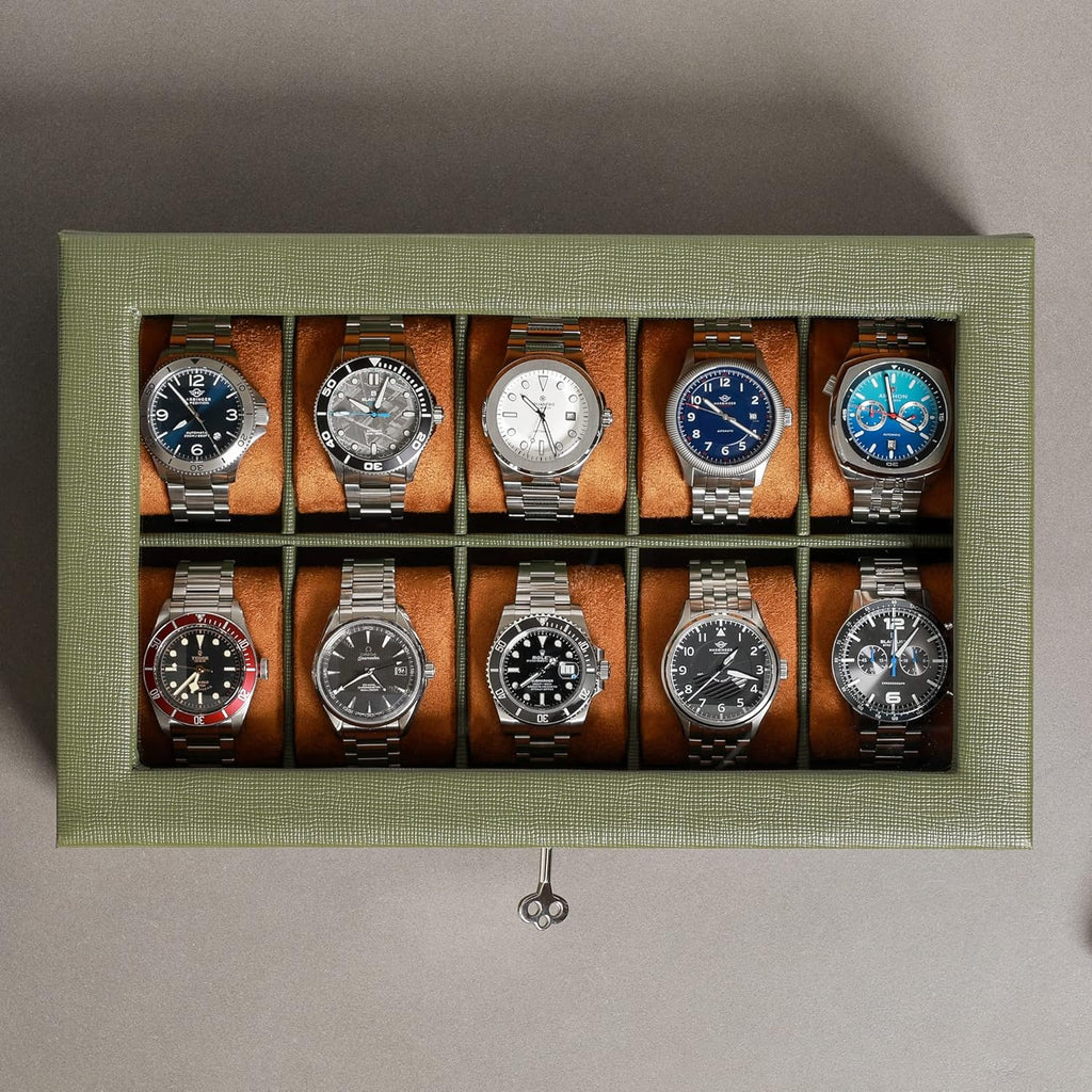 ROTHWELL 10 Slot Leather Watch Box - Luxury Case Display Jewelry Organizer - Locking Watch Display Case Holder with Large Glass Top - Box Organizer for Men and Women (Green/Tan)