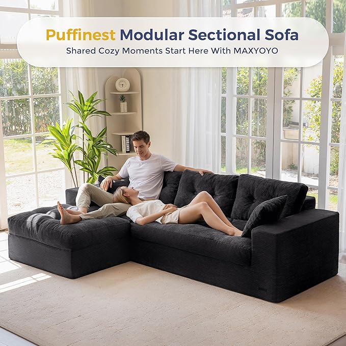 MAXYOYO 104" L Shaped Modular Sectional Sofa with Ottoman, Cloud Boneless Couch with Layered Cushion, Upholstered Sofa in a Box, Flexible Module Combination for Living Room, No Assembly, Black