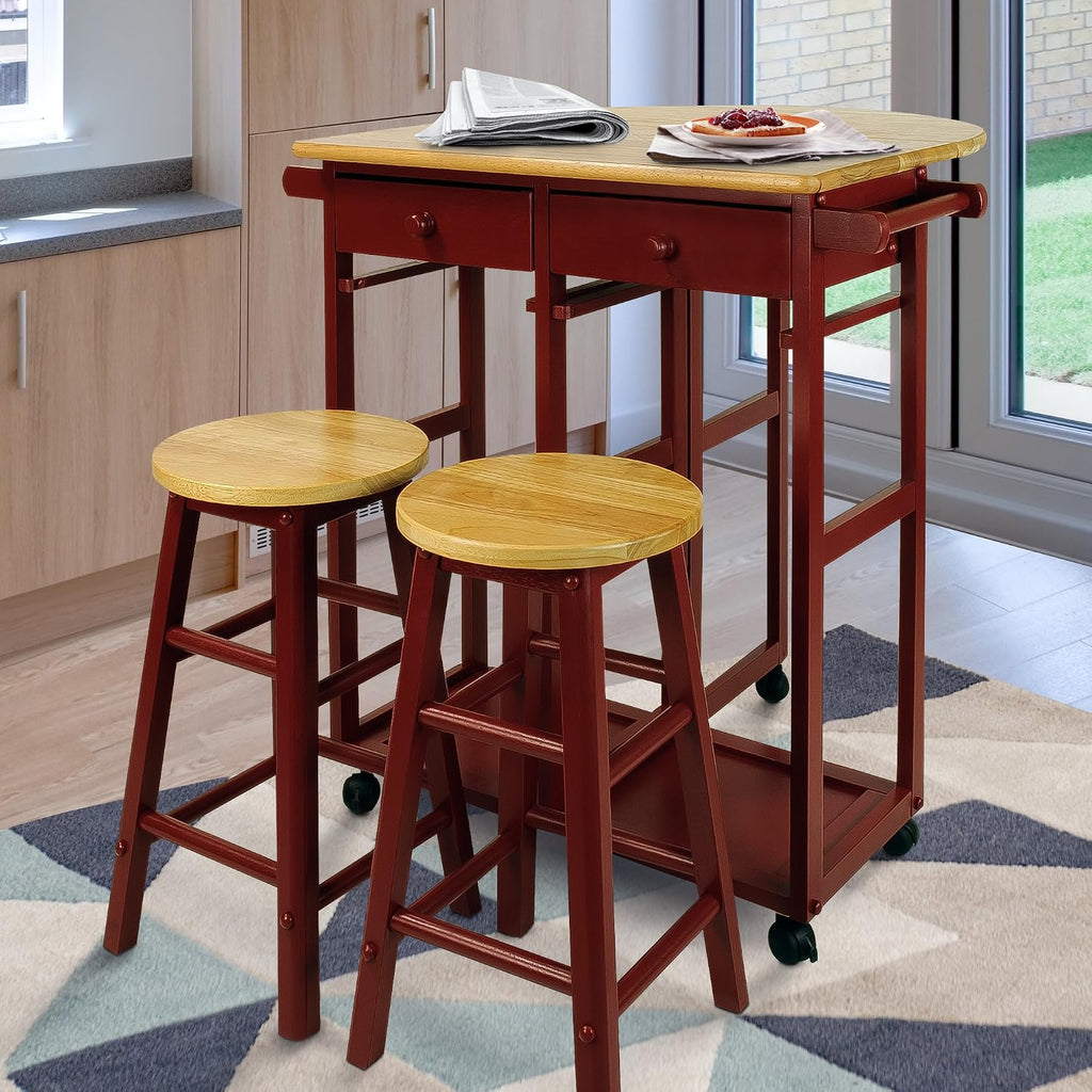 Casual Home Drop Leaf Breakfast Cart with 2 Stools-Red