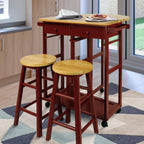 Casual Home Drop Leaf Breakfast Cart with 2 Stools-Red
