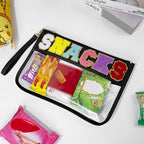 Snack Bag for Travel & Makeup - Clear Chenille Letter Zipper Pouch, Waterproof Cosmetic Tote Bag for Women & Girls (Black)
