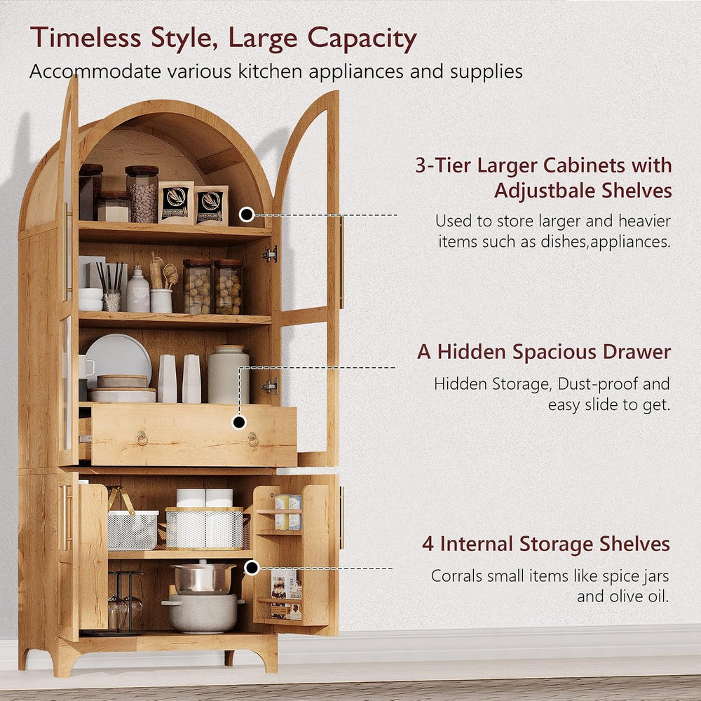 SOFTSEA Arched Kitchen Pantry Cabinet, with Hidden Drawer & Glass Door, 7...
