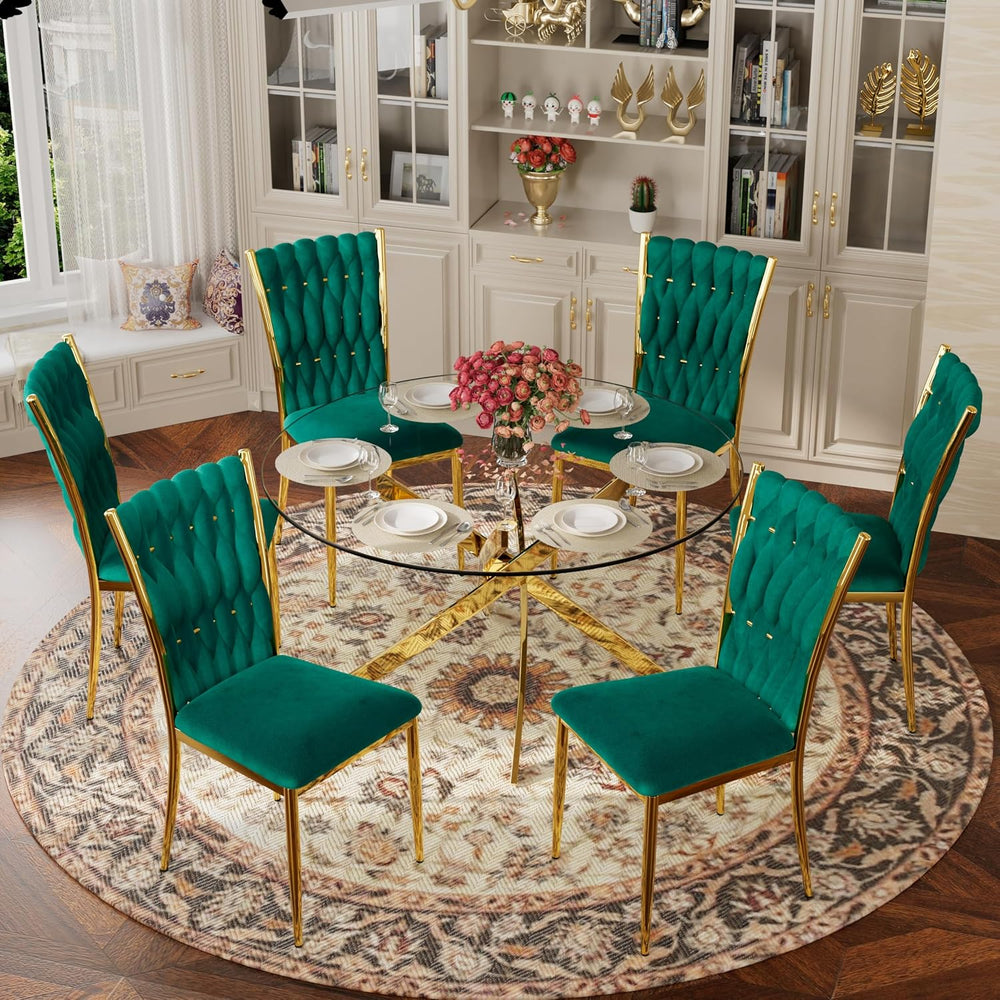 Velvet Dining Chairs Set of 6, Woven Upholstered Dining Chairs with Gold Meta...