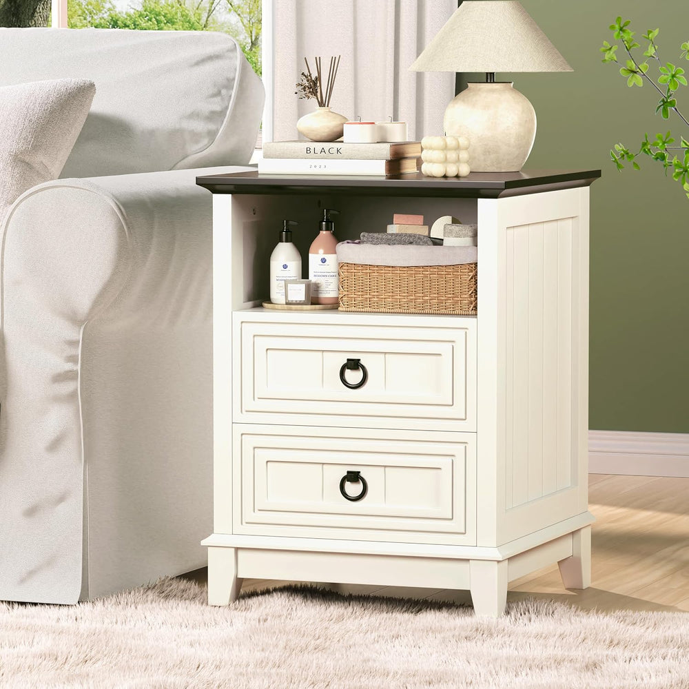 Farmhouse Nightstand, 24" Wooden Couch Side Table with 2 Drawers & O...