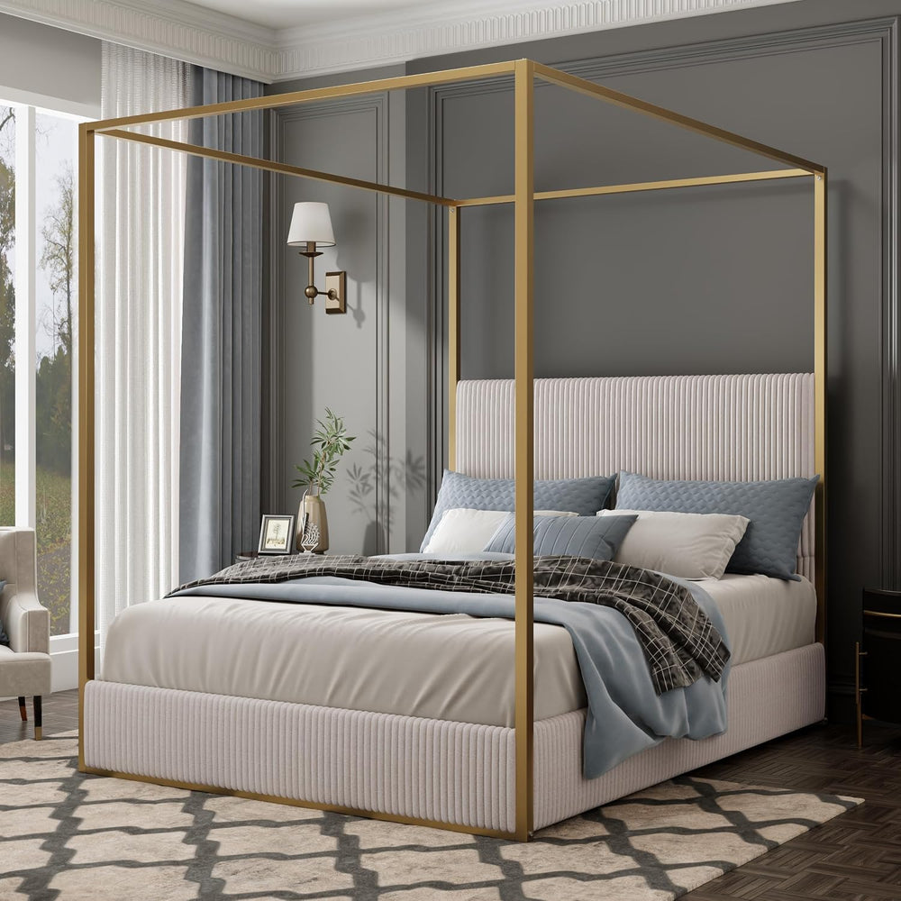 Modern Luxury 4-Poster Canopy Platform Bed King Size with Velvet Upholstered ...