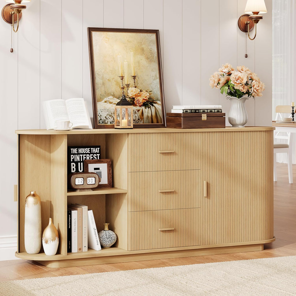 ONBRILL 63" Fluted Sideboard Buffet Cabinet with 3 Drawers & 2 Doors, Mid-Century Modern Buffet Sideboard Cabinet with Storage, Coffee Bar Table with Adjustable Shelf for Kitchen, Living Room, Oak