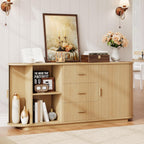 ONBRILL 63" Fluted Sideboard Buffet Cabinet with 3 Drawers & 2 Doors, Mid-Century Modern Buffet Sideboard Cabinet with Storage, Coffee Bar Table with Adjustable Shelf for Kitchen, Living Room, Oak