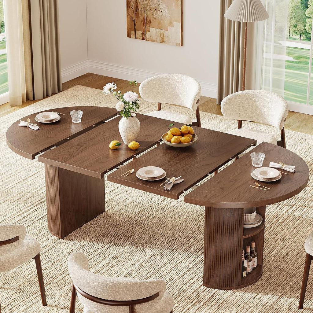 ONBRILL 41-78 Inch Extendable Dining Table for 4-8, Fluted Expandable Kitchen Table with Storage, 2 Leaf, Mid Century Modern Oval Dinner Tables for Dining Room, Kitchen, Living Room, Walnut