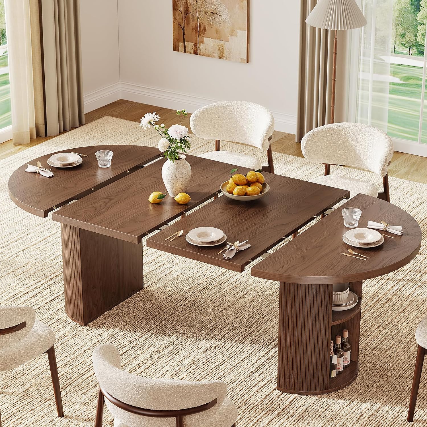 ONBRILL 41-78 Inch Extendable Dining Table for 4-8, Fluted Expandable Kitchen Table with Storage, 2 Leaf, Mid Century Modern Oval Dinner Tables for Dining Room, Kitchen, Living Room, Walnut