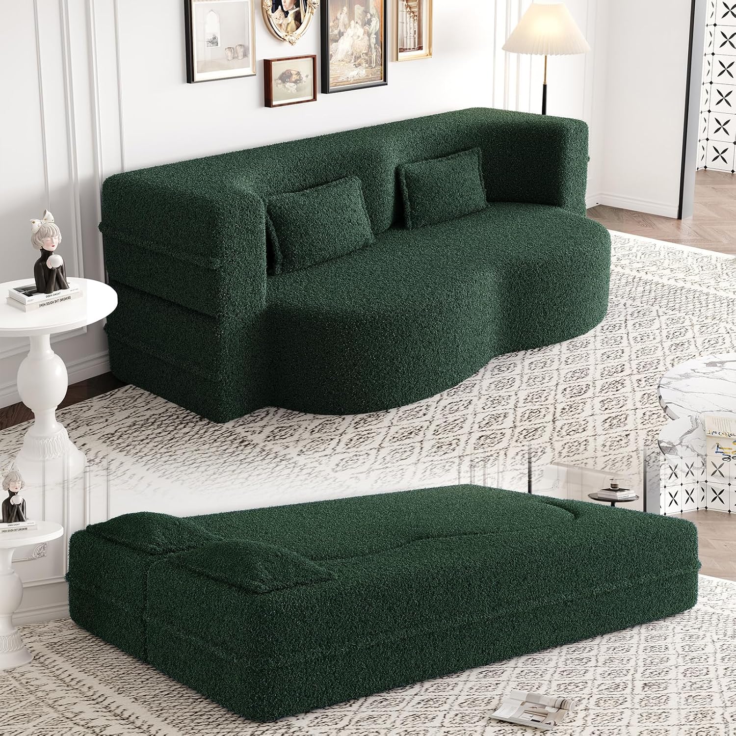 78" Convertible Folding Sofa Bed, 2-in-1 Full Size Floor Boneless Couch Bed, Loveseat sleeper Couch , Teddy Floor Sofa, Memory Foam Sleeper SofaBed, Small couches for small spaces, No Assembly (Green)