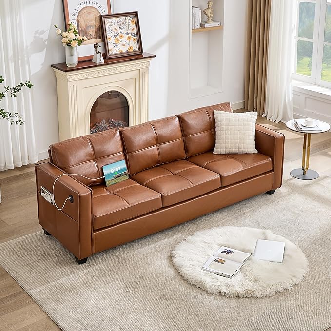 TYBOATLE 88" W Faux Leather Couches for Living Room w/Side Pockets, Mid-Century Modern Tufted Comfy Leather Couch w/USB and Wider Arms, 3 Seater Sofa for Office, Apartment, Bedroom
