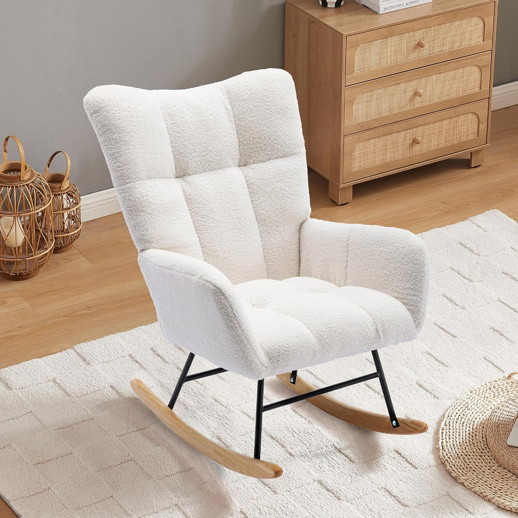 DKLGG Nursery Rocking Chair, Soft Teddy Fabric Rocking Chair Padded Seat with High Backrest for Nursery, Comfy Wingback Glider Rocker with Solid Wood Base for Living Room Bedroom(White)