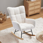 DKLGG Nursery Rocking Chair, Soft Teddy Fabric Rocking Chair Padded Seat with High Backrest for Nursery, Comfy Wingback Glider Rocker with Solid Wood Base for Living Room Bedroom(White)