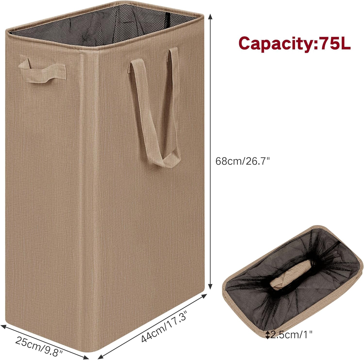 efluky Slim Laundry Basket, Narrow Laundry Hamper with Handles, Collapsible Dirty Clothes Hamper, Tall Laundry Bin for Laundry Room, Dorm and Bedroom, 19.8 Gallon (75L) Flax Brown