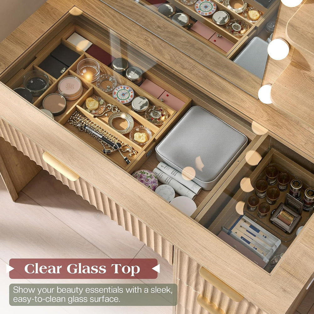 LUXOAK 36" Makeup Vanity Desk with Mirror & LED Lights, Oak | Fluted...