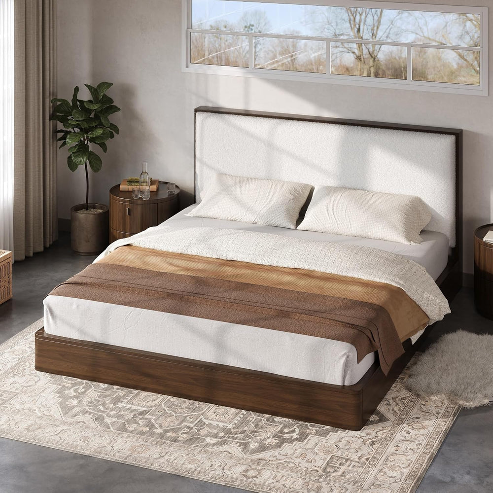 Queen Size Walnut Wood Platform Bed Frame with Soft Cloud Headboard