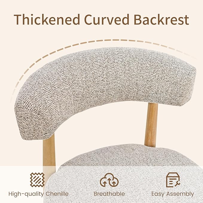 VKNOW Wooden Dining Chairs Set of 4, Modern Upholstered Dining Room Chairs with Rubberwood Legs and Curved Backrest, Fabric Kitchen Chairs for Farmhouse/Living Room/Dining Room, Brown