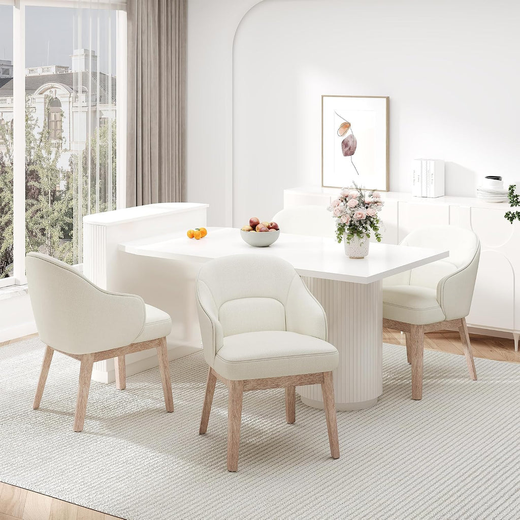 MALOL Dining Chairs Set of 4 with Lumbar Support,Fabric Upholstered Kitchen Chairs with Wooden Legs,Beige