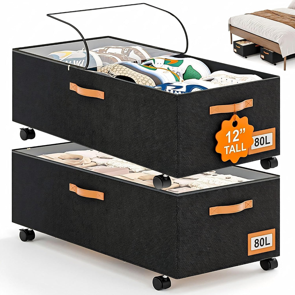 Under Bed Storage with Wheels, 12" Height Under Bed Storage Extra Deep Under Bed Storage Containers, Perfect for 14'' Bed Frame, No Assemble Metal Rolling Underbed Storage for Clothes Shoes Blankets