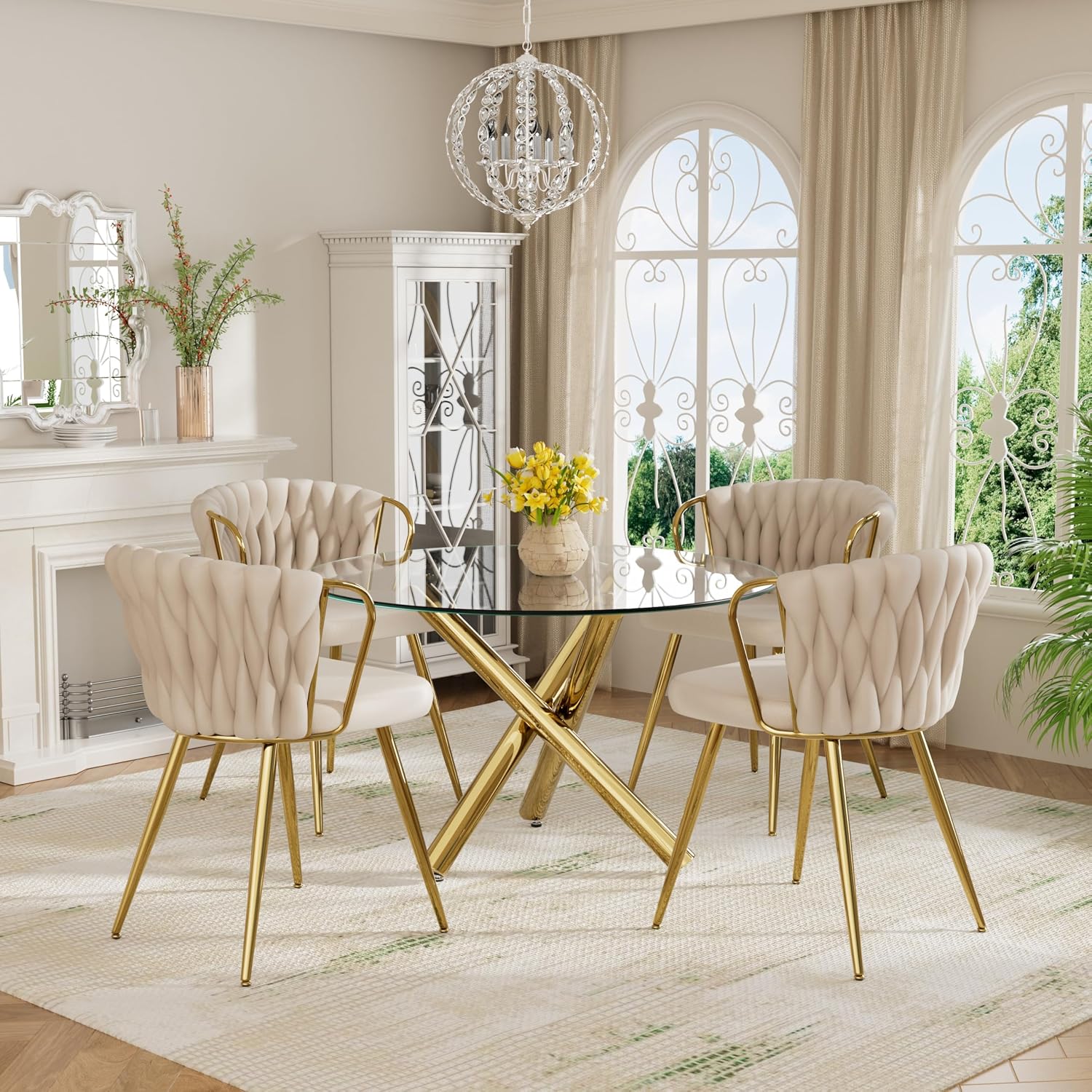 39'' Round Glass Dining Table Set for 4, 5-Piece Modern Dining Room Table Set, Circle Kitchen Table Set with 4 Beige Velvet Dining Chairs for Dining Room Cafe & Breakfast Nook, Gold Base