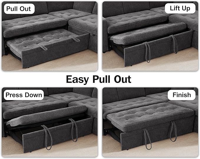 Vipbear 5 Seat L Shaped Modular Sectional Sleeper Sofa Bed with Pull Out Bed/Reclining Backrest/USB Ports/Storage Seat, Sectional Sleeper Couch, Tool-Free Assembly, Chenille Dark Grey