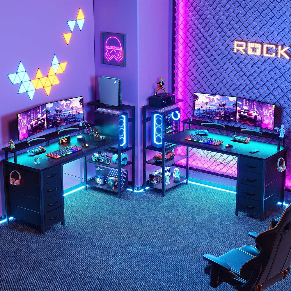 51 Inch Gaming Desk with Drawers & PC Tower Stand & LED Lights, Black