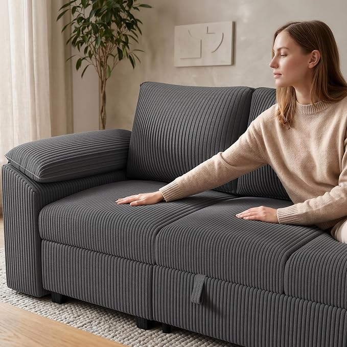 108 Inch Sectional Sleeper Sofa Bed with Pull Out Couch, U Shaped 7 Seat Cloud Modular Sectional Sofa with Storage, Corduroy Sectional Couches for Living Room, Removable Sofa Cover, Dark Grey
