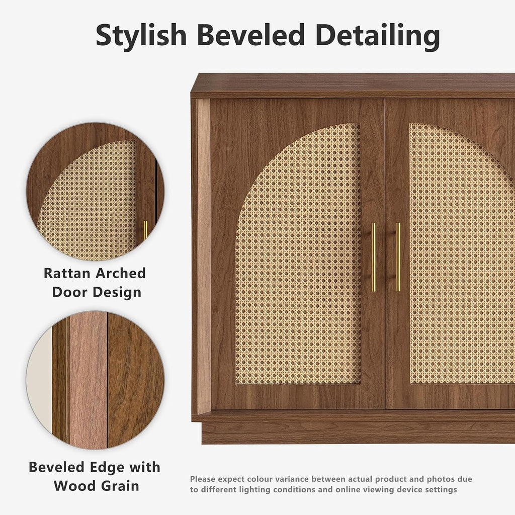 FORTUNETEC 63.8" Sideboard Buffet Cabinet with Storage, Natural Walnut | Accent Cabinet with Arched Doors, Boho Modular Media Console, Credenza for Living Room Kitchen Dining Room Entryway