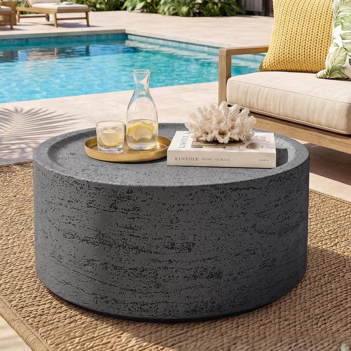 UPHA 28" Round Outdoor Coffee Table, Travertine Look, Dark Gray