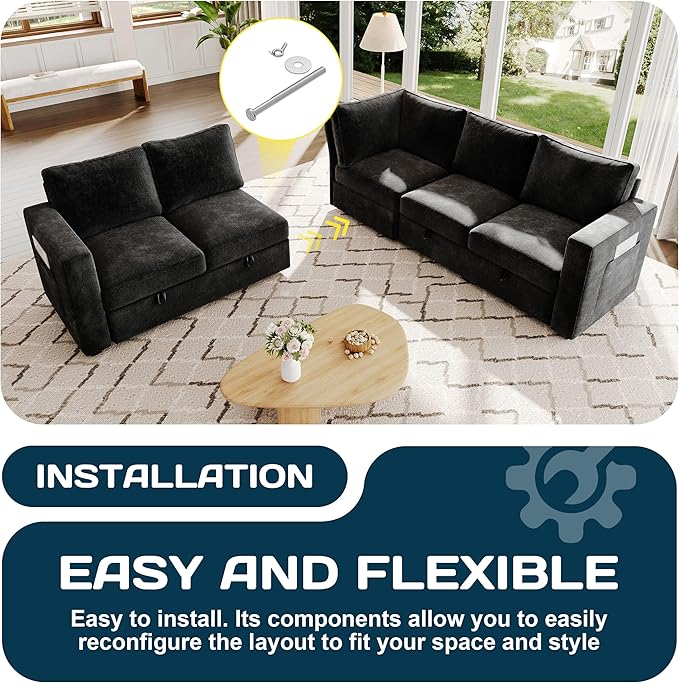 83.5" Sectional Sleeper Sofa with Pull Out Couch, Modern 5 Seat L Shaped Modular Couch, Sectionals Modular Sofa with Storage, Comfy Sectional Couches for Living Room & Apartment, Black