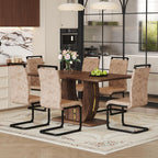 JUFU Dining Table Set for 6, 63 Inch Rectangular Kitchen Table and 6 PU Upholstered Chairs, Walnut Wood Grain MDF Tabletop, U-Shaped Pedestal Base, Modern Dining Room Set for Kitchen, Apartment