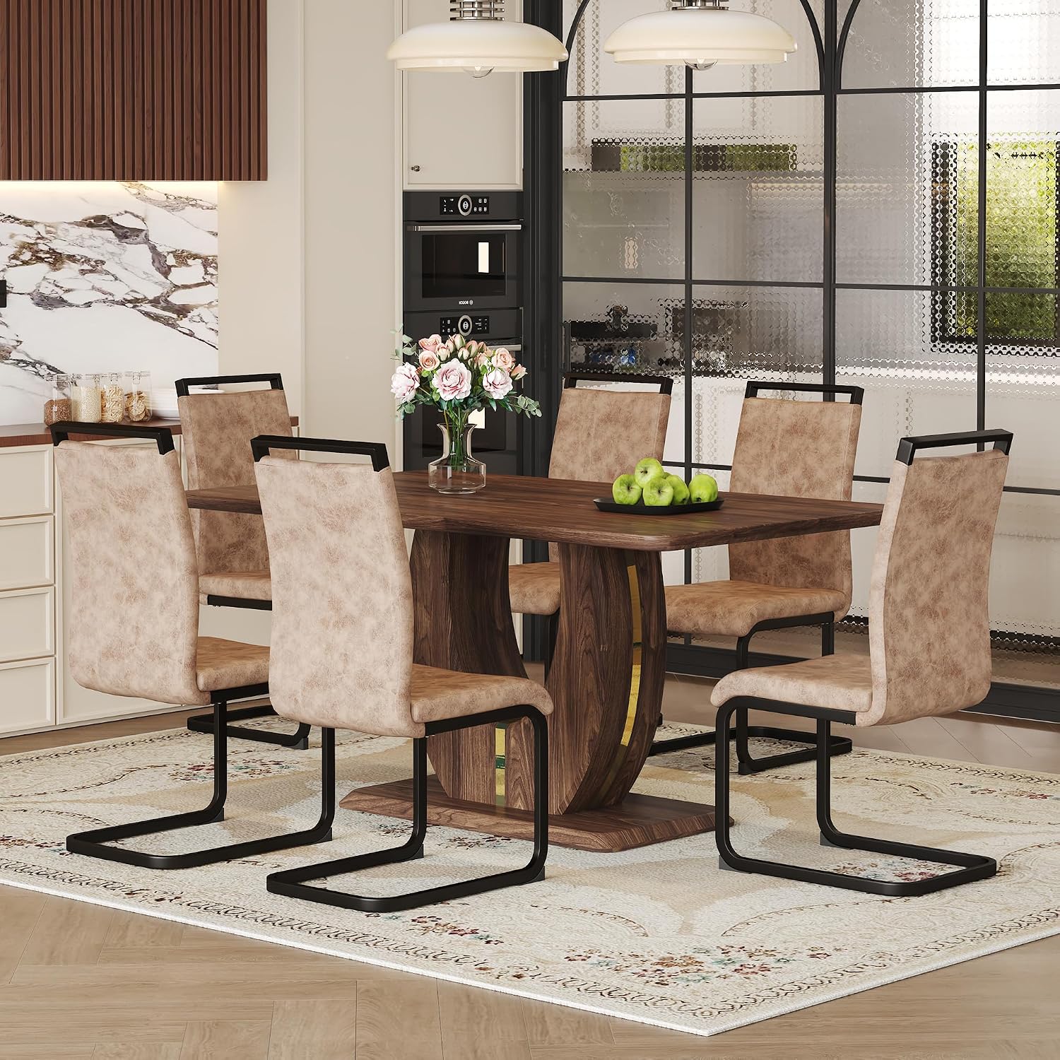 JUFU Dining Table Set for 6, 63 Inch Rectangular Kitchen Table and 6 PU Upholstered Chairs, Walnut Wood Grain MDF Tabletop, U-Shaped Pedestal Base, Modern Dining Room Set for Kitchen, Apartment